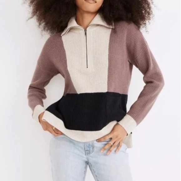 Madewell Sweaters - Madewell Oversized Soft Wool 1/2 Zip Colorblock Pullover EUC